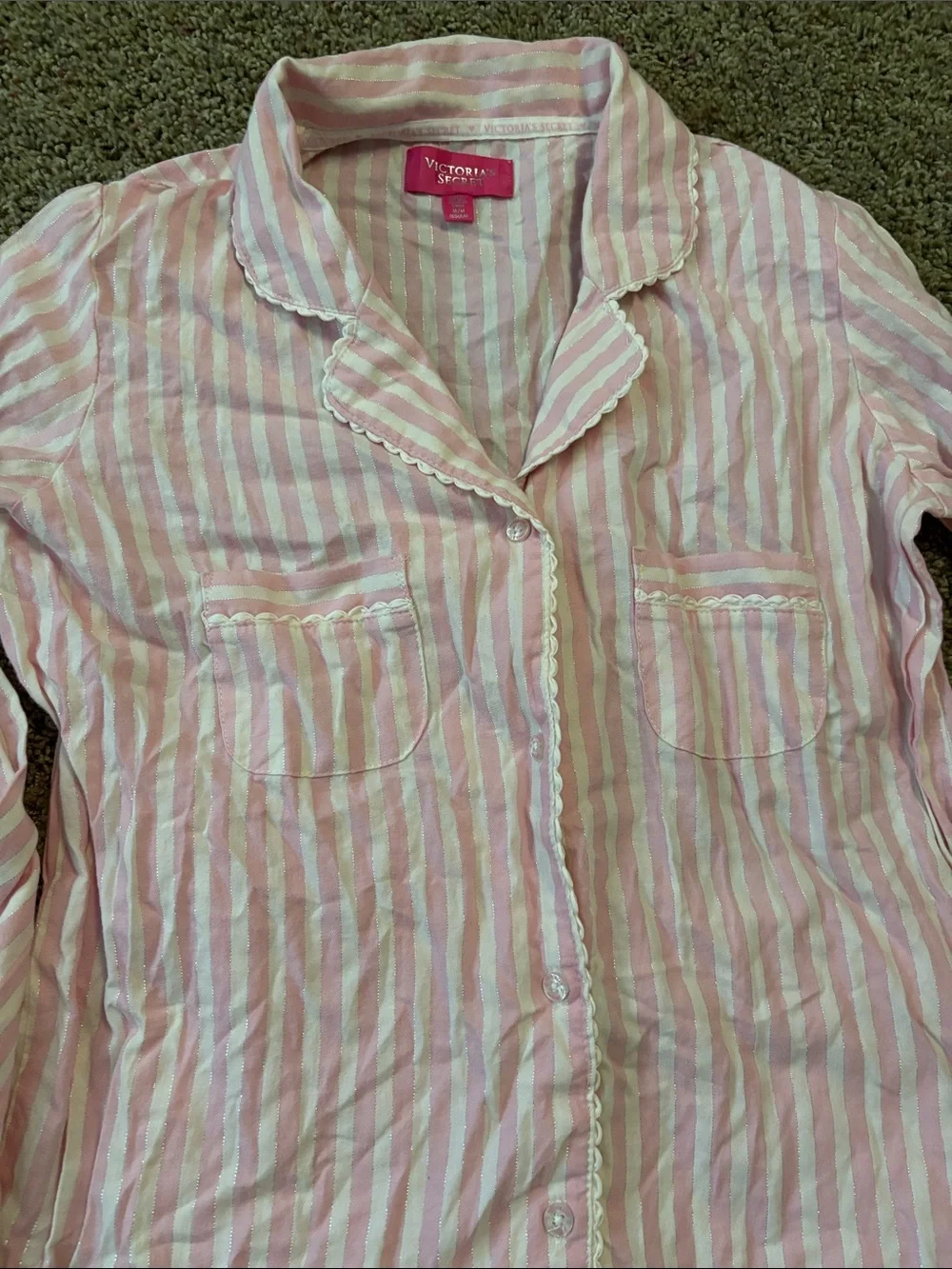 Victoria's Secret Pink White Striped Cotton Shimmer Pajama Set 2 PC Medium